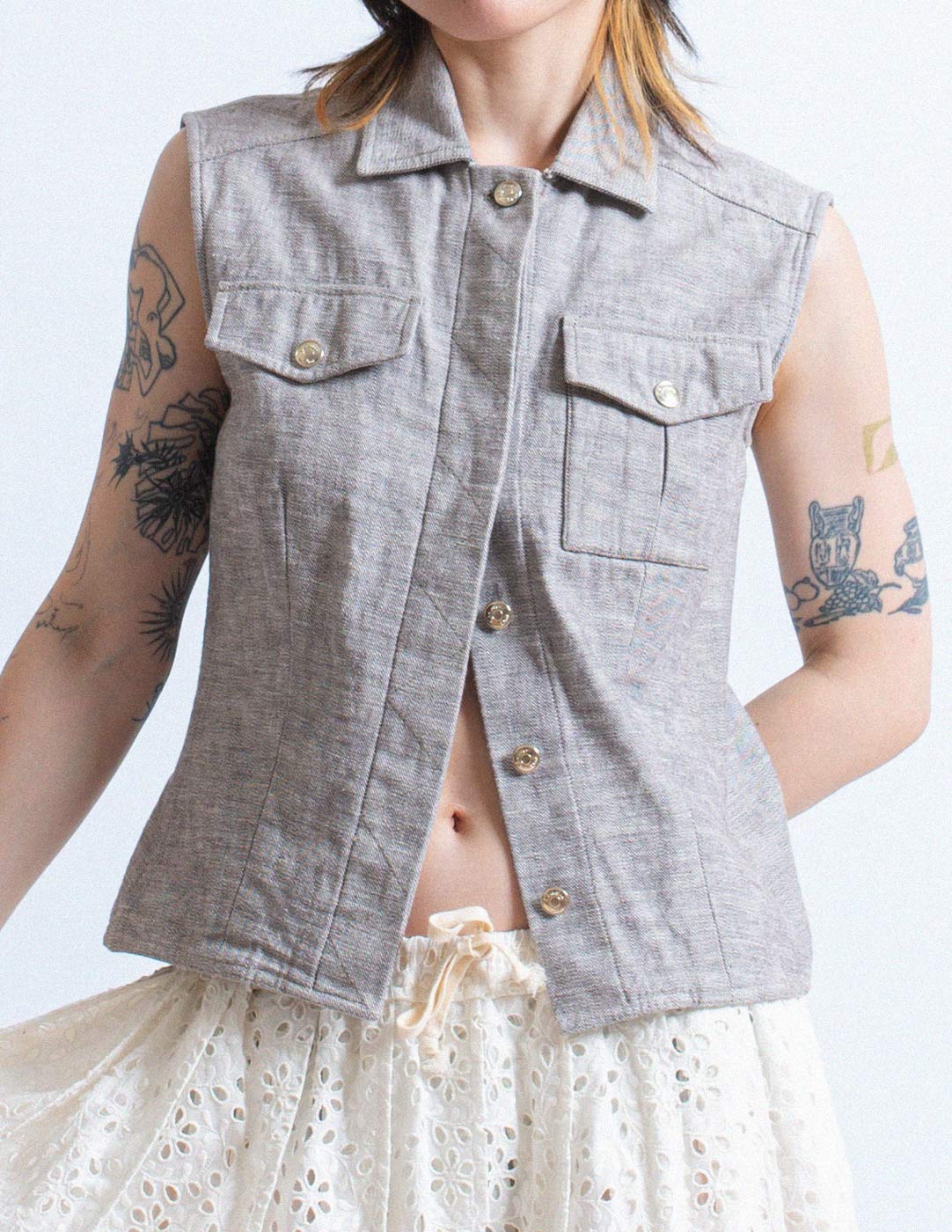 Christian Dior vintage light gray wash denim vest close detail