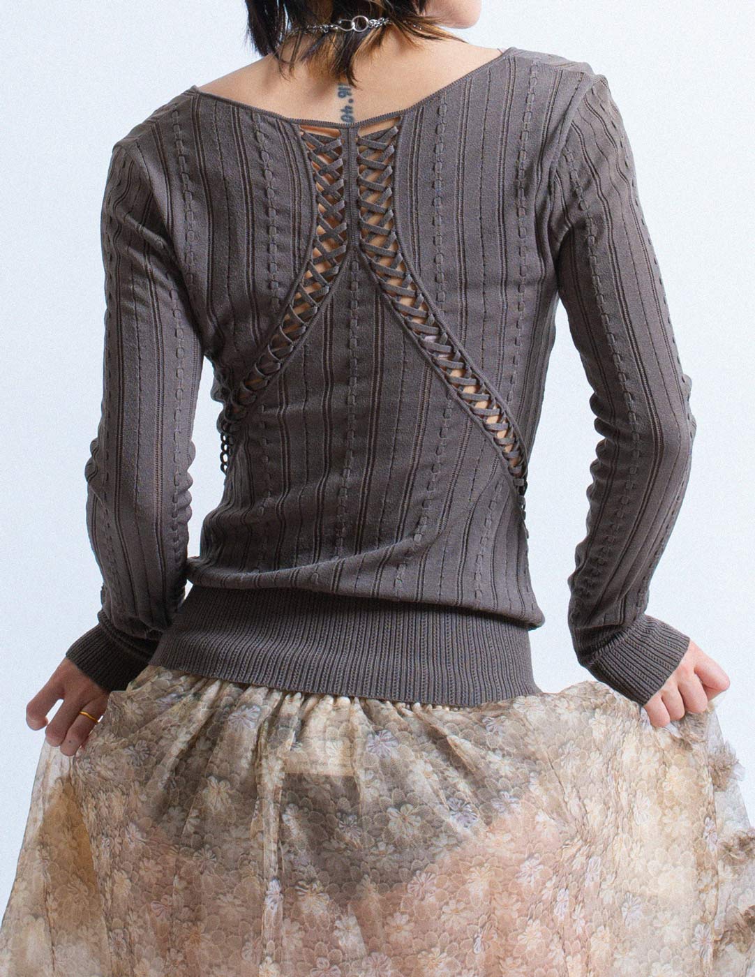 Christian Dior vintage charcoal gray laced up knitwear back detail