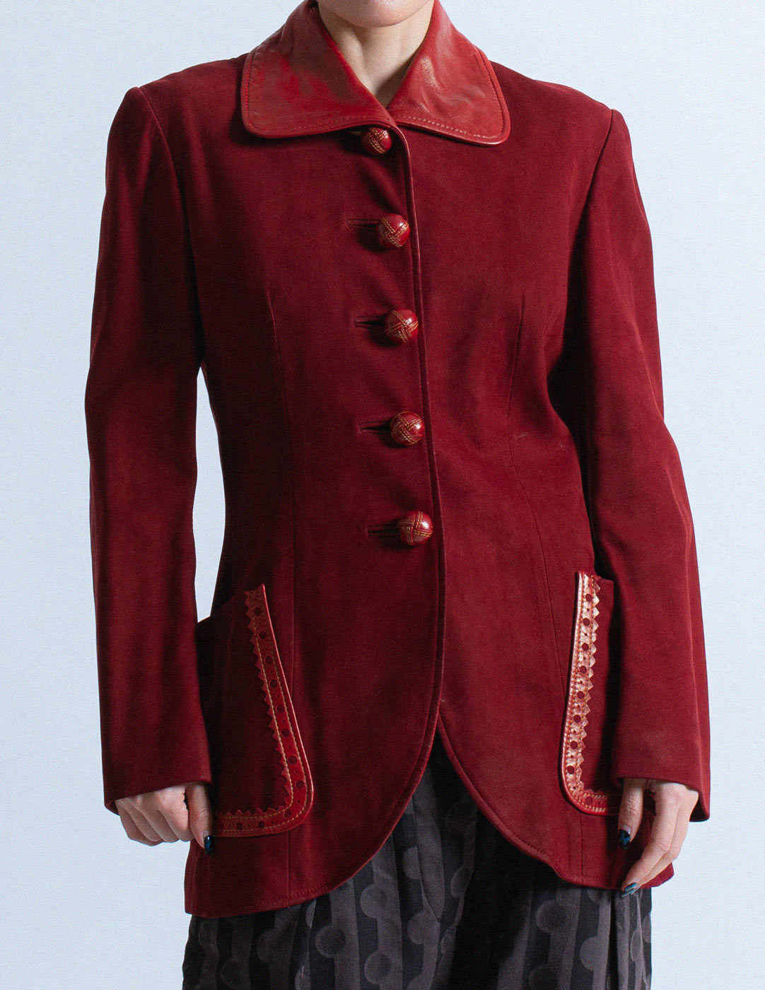 Christian Dior vintage poppy red suede buttoned jacket front detail