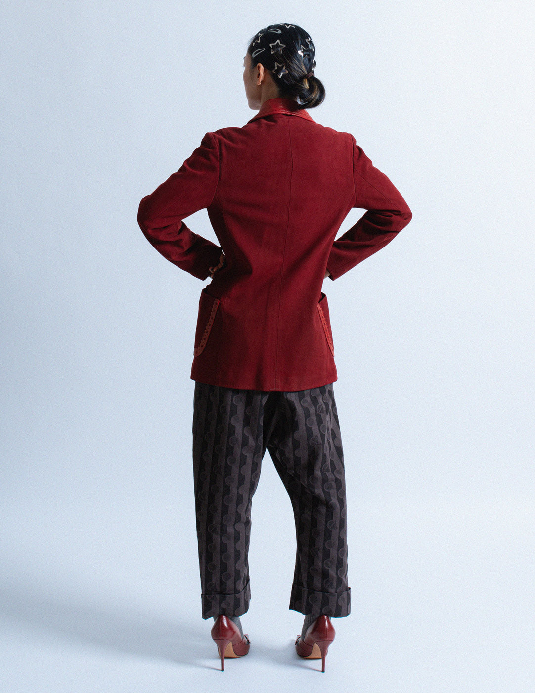 Christian Dior vintage poppy red suede buttoned jacket back view