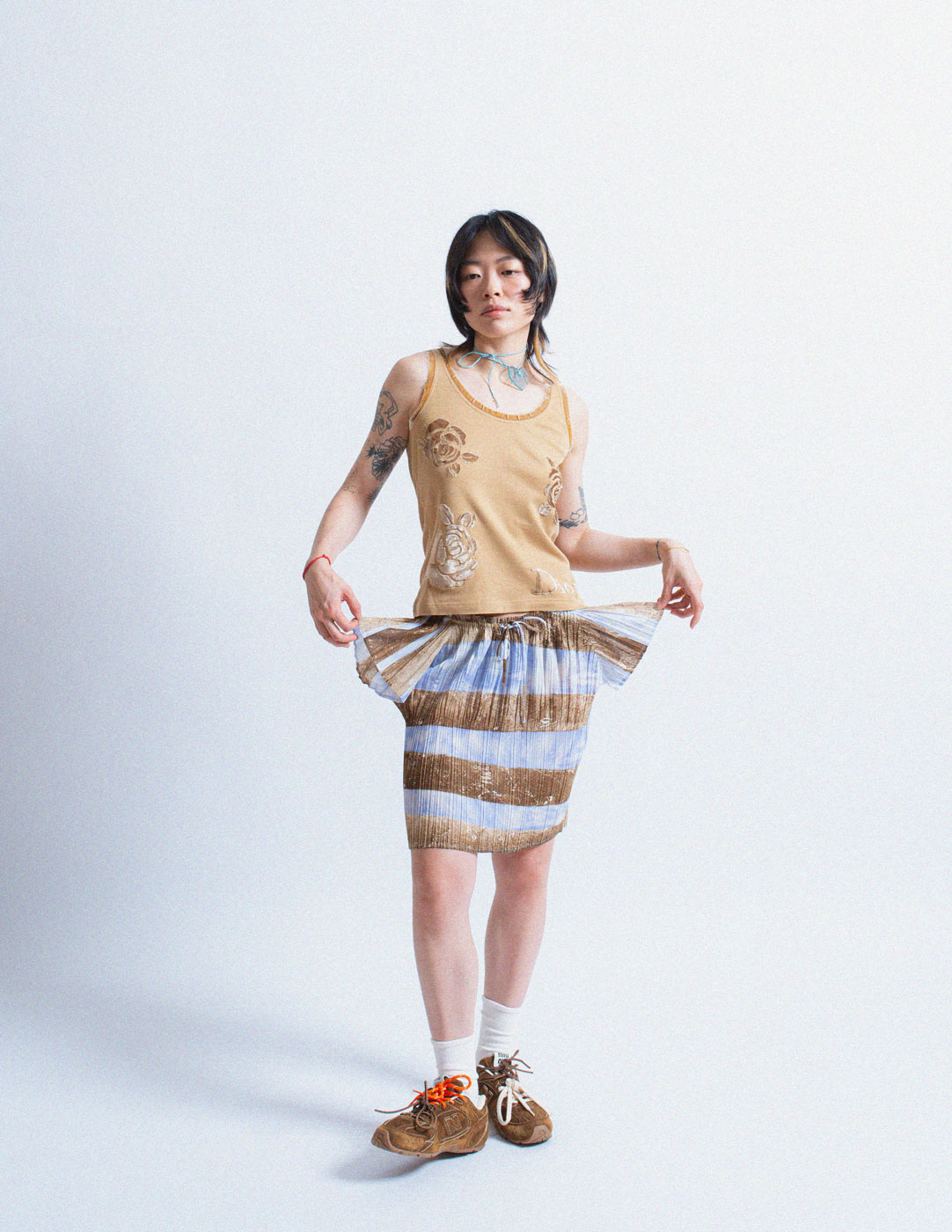 Pleats Please vintage striped pleated drawstring top skirt