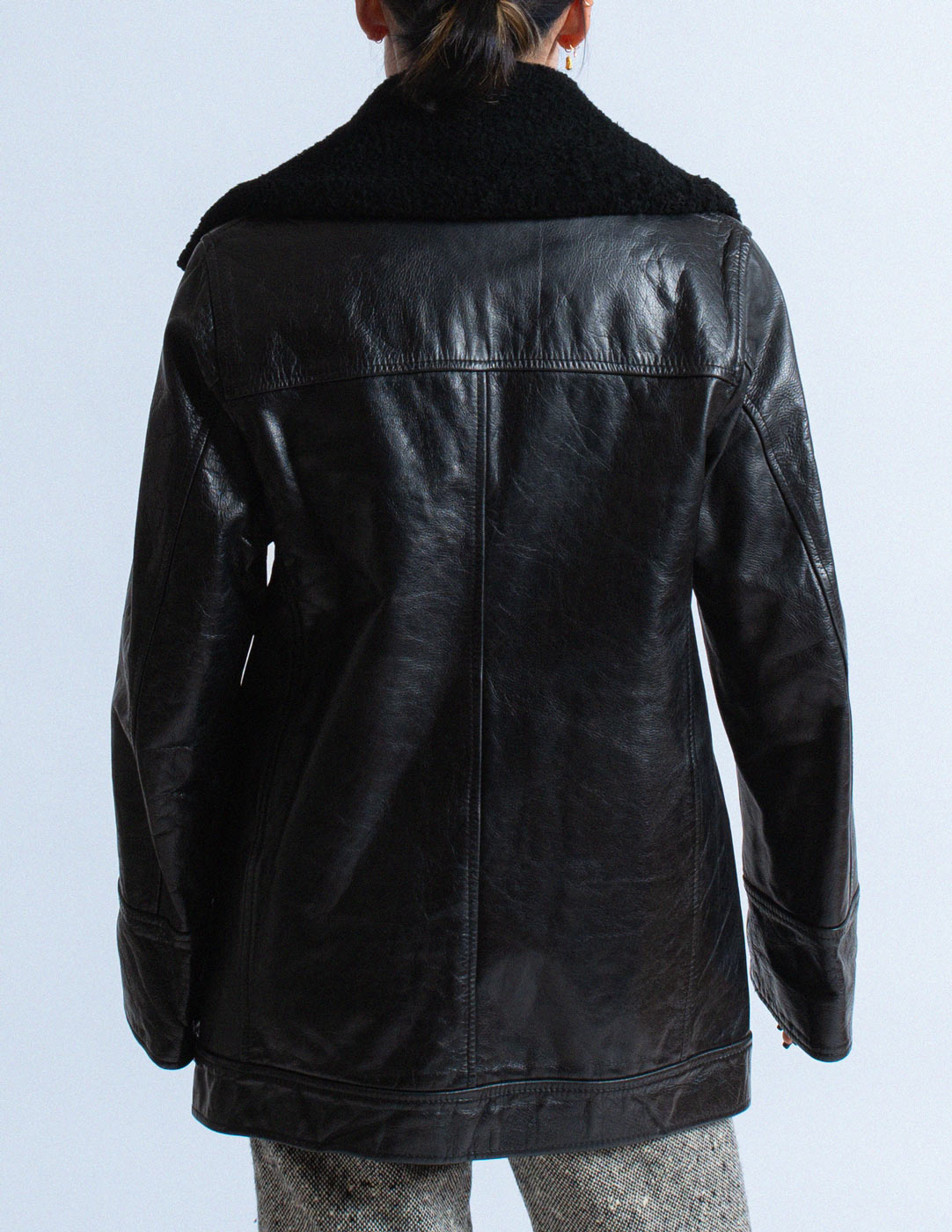 Romeo Gigli vintage black leather zip jacket with fleece collar back detail