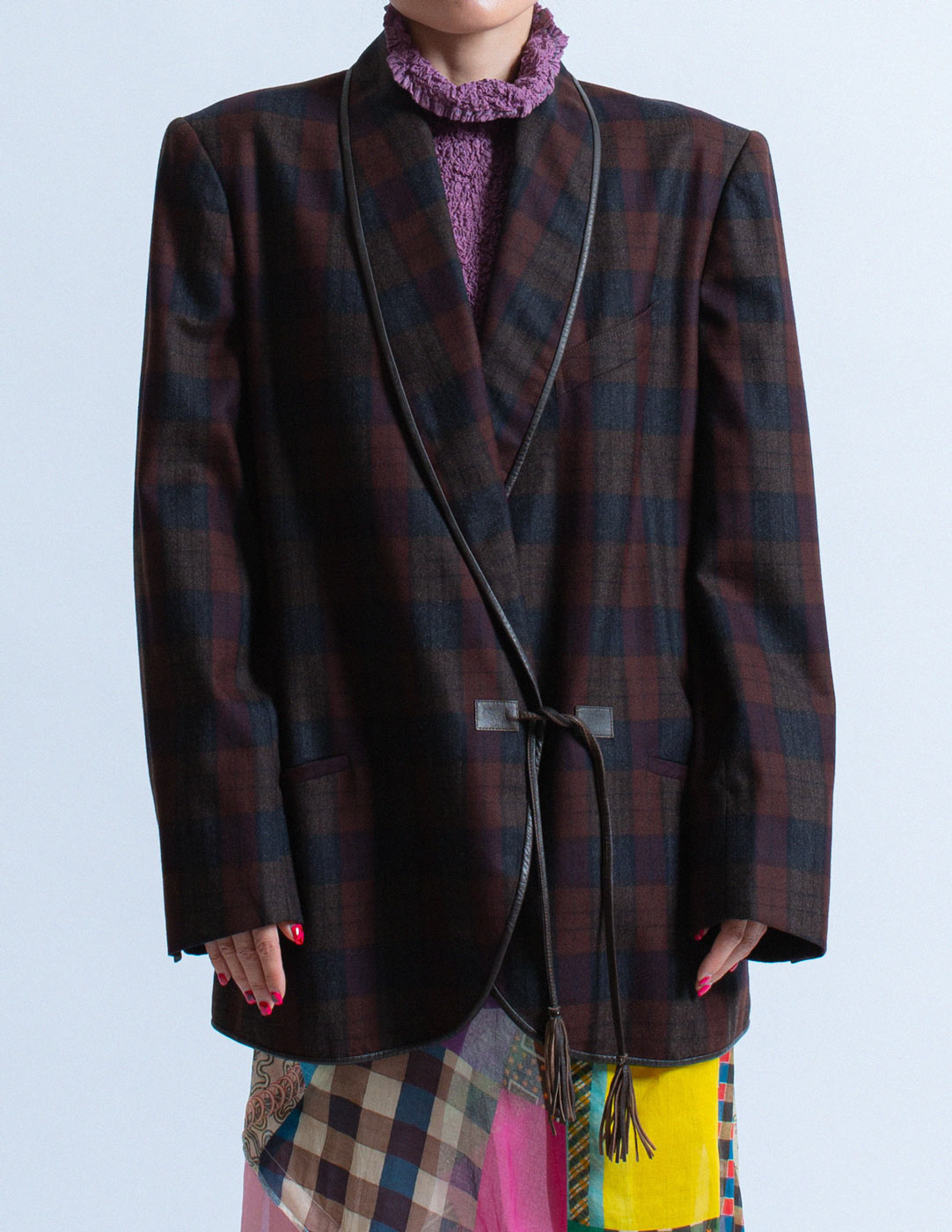 Gucci vintage plaid wool jacket with leather trim front detail