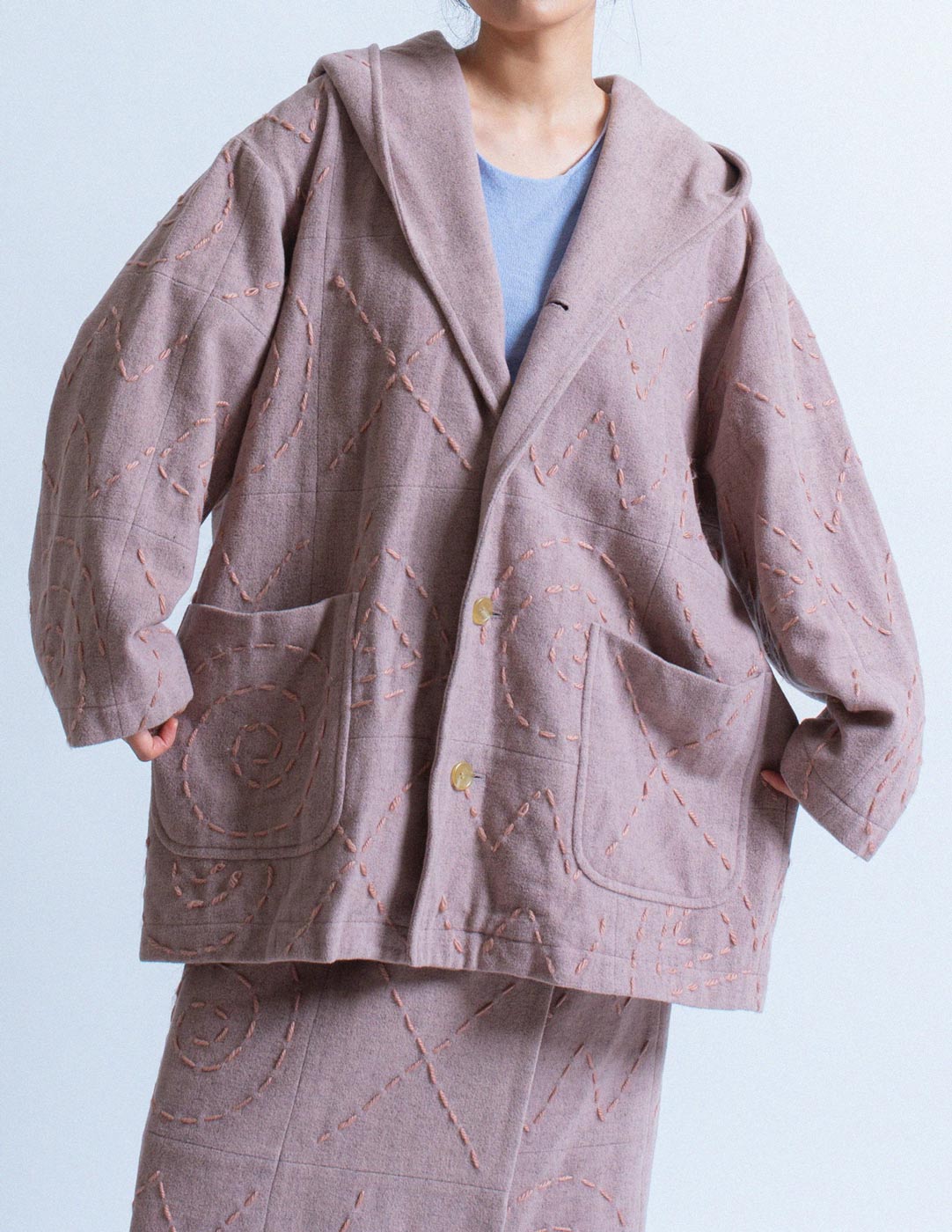 HAI Sporting Gear vintage dusty pink embroidered wool jacket and skirt set front detail