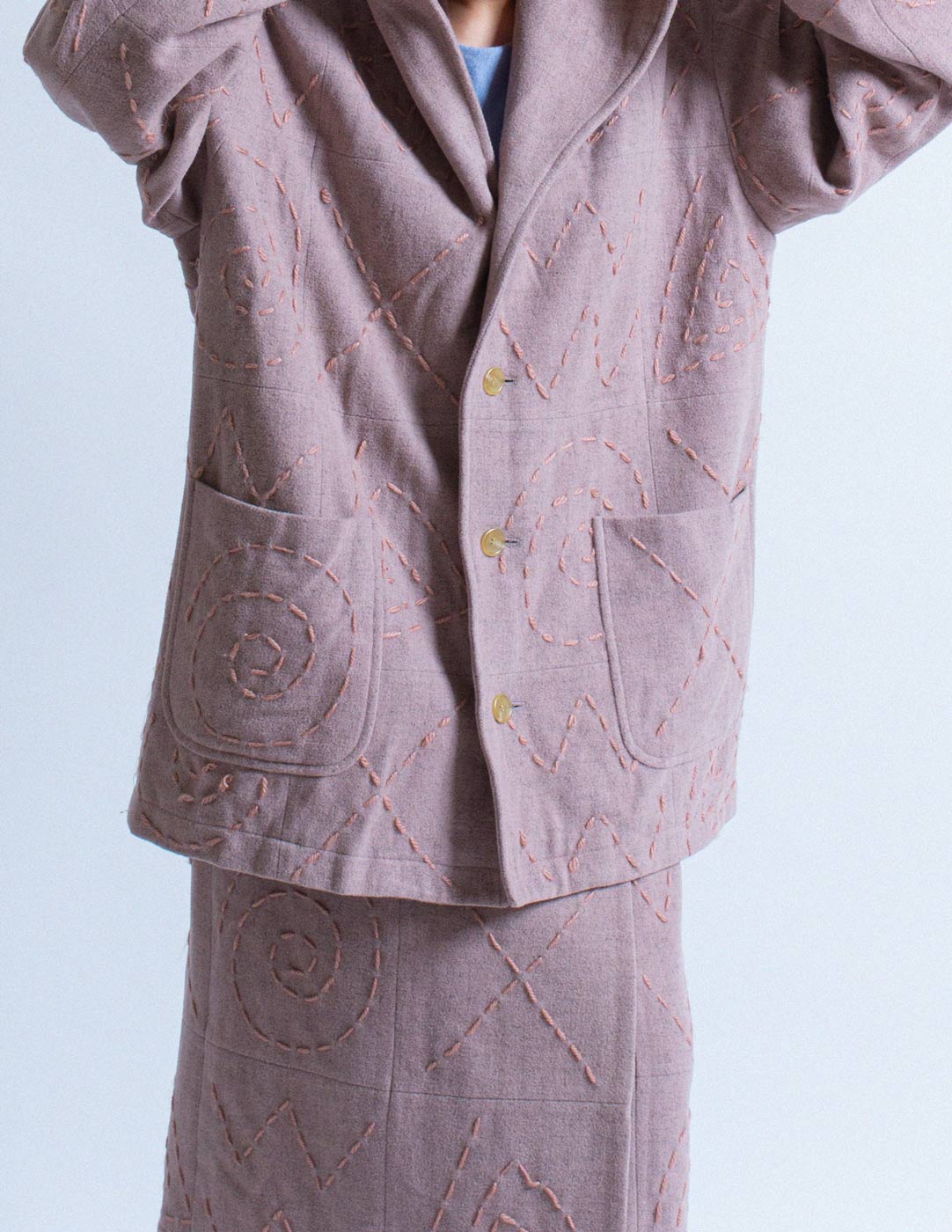 HAI Sporting Gear vintage dusty pink embroidered wool jacket and skirt set detail