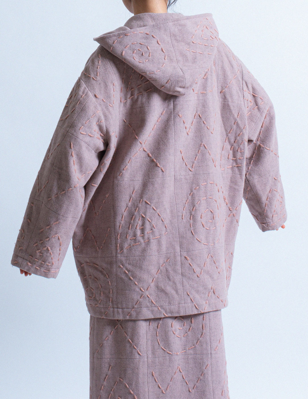 HAI Sporting Gear vintage dusty pink embroidered wool jacket and skirt set back detail