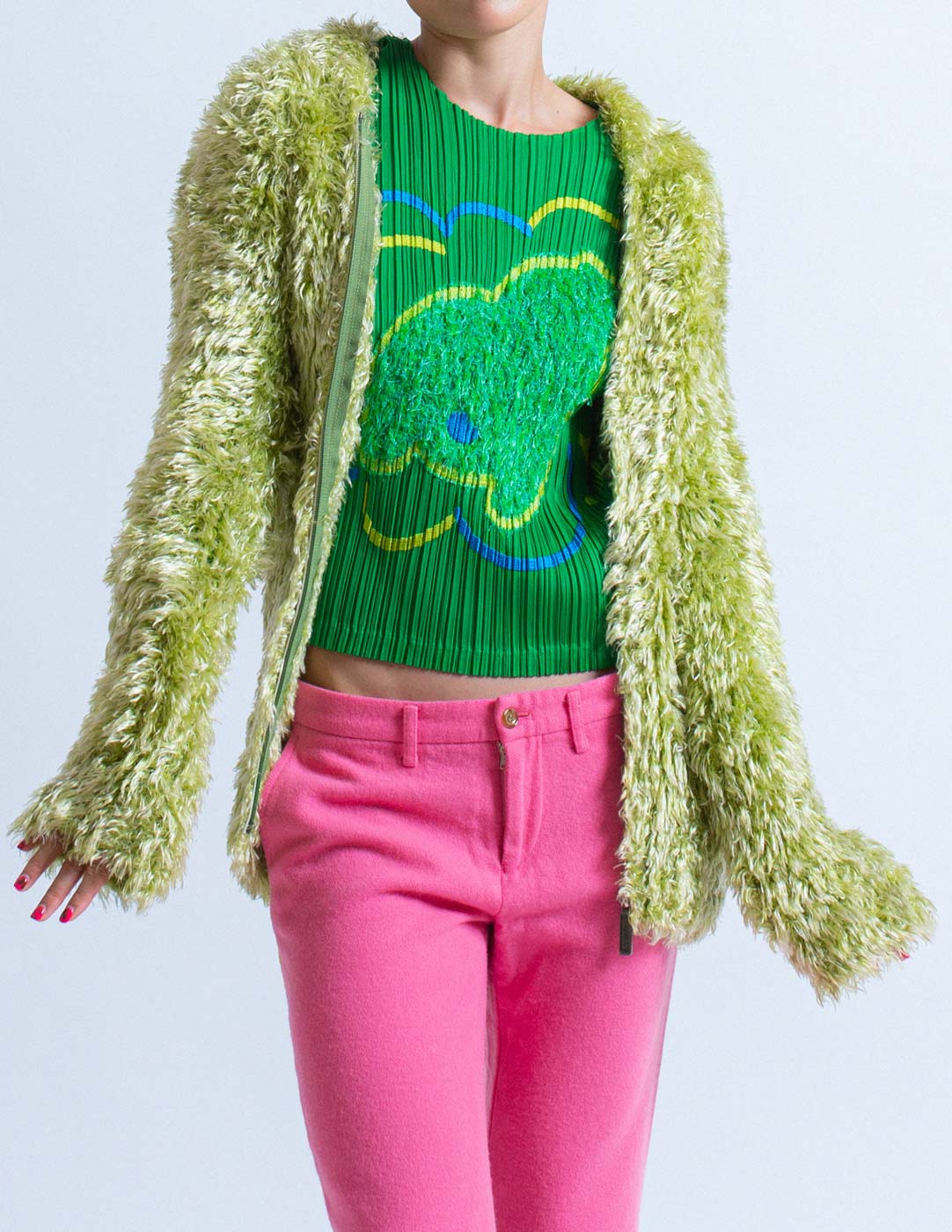 Hysterics green fuzzy jacket with hood open detail