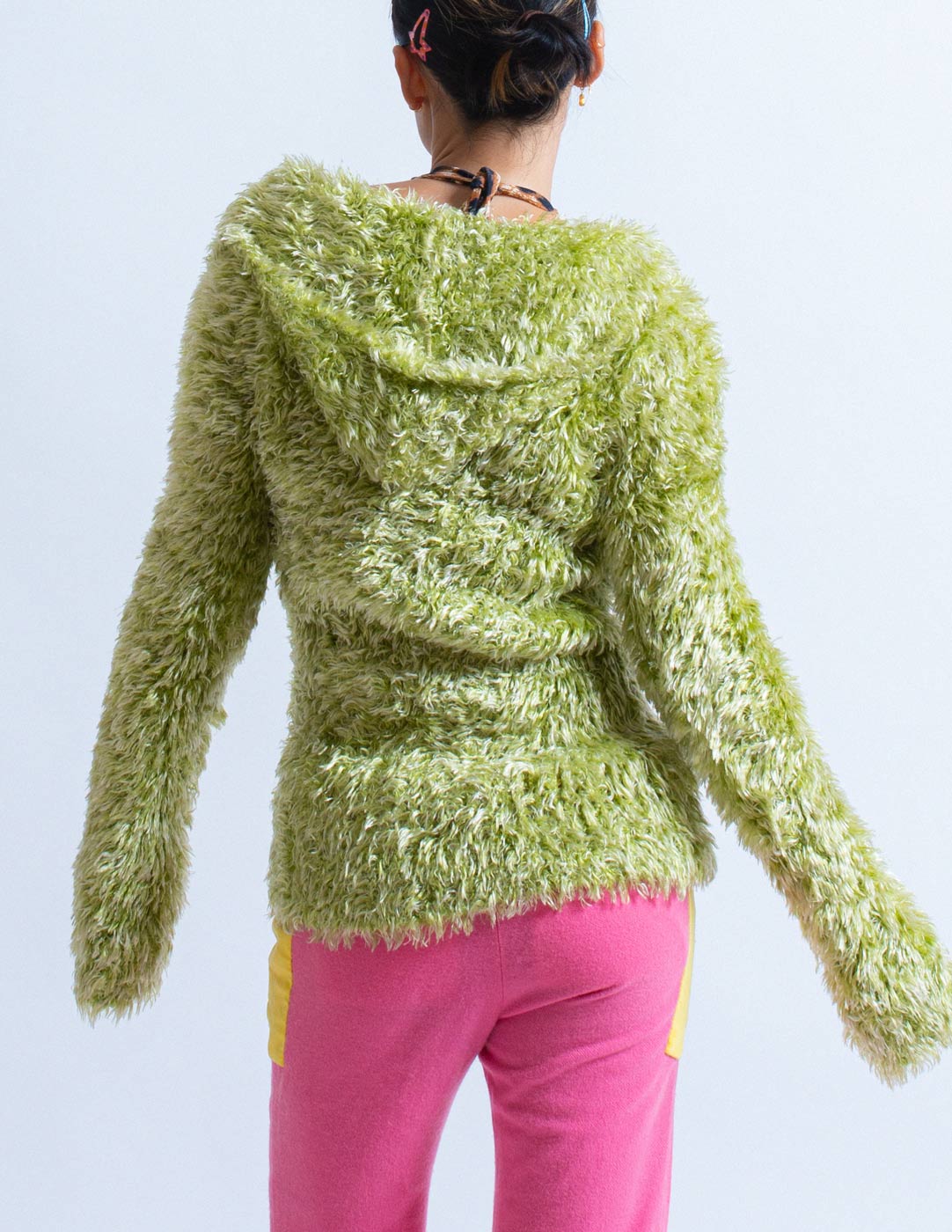 Hysterics green fuzzy jacket with hood back detail