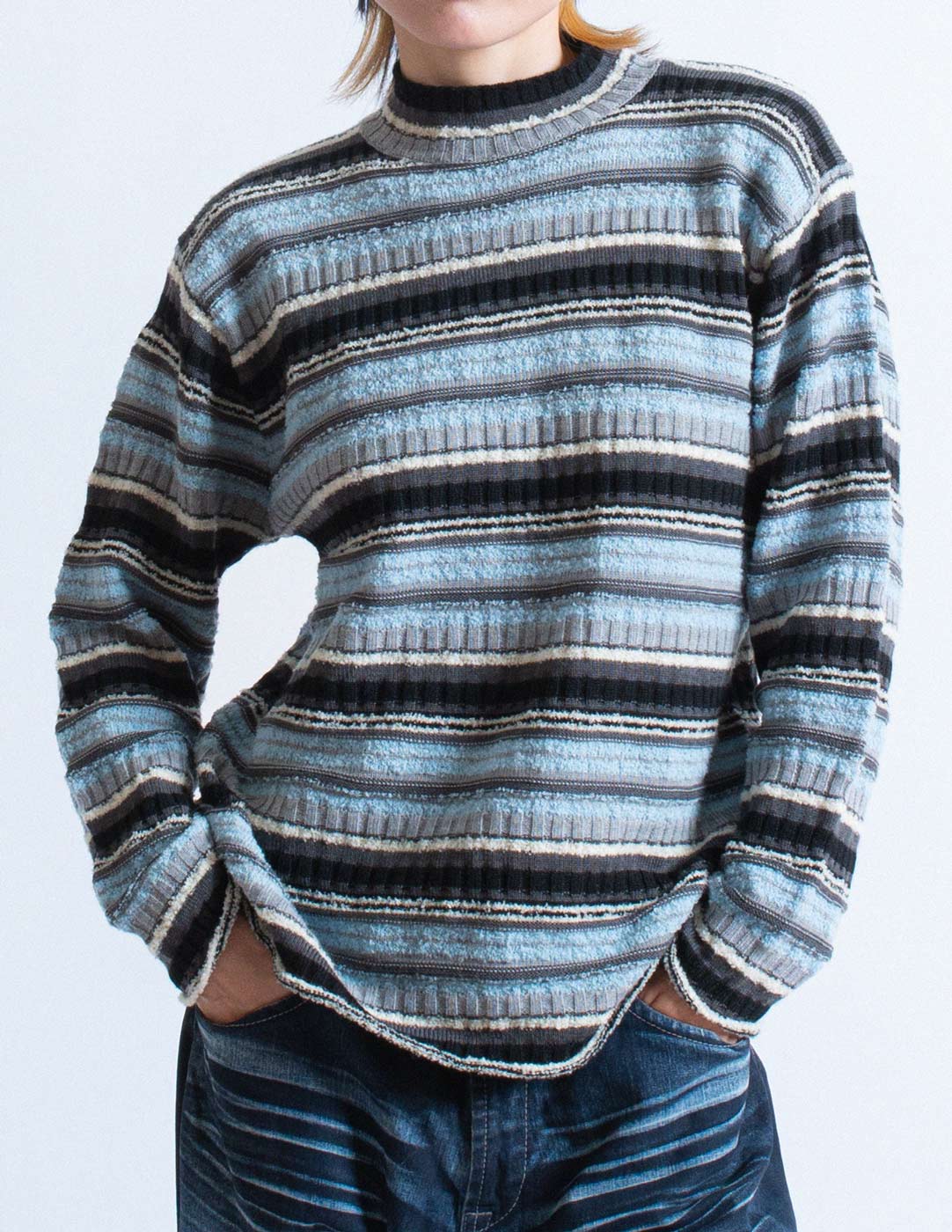 HAI blue striped wool sweater front detail
