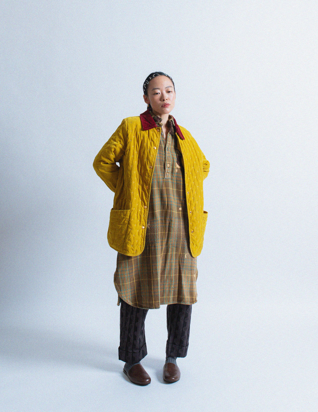 Hermès vintage yellow quilted coat with red velvet collar