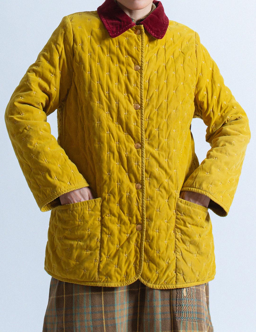 Hermès vintage yellow quilted coat with red velvet collar front detail