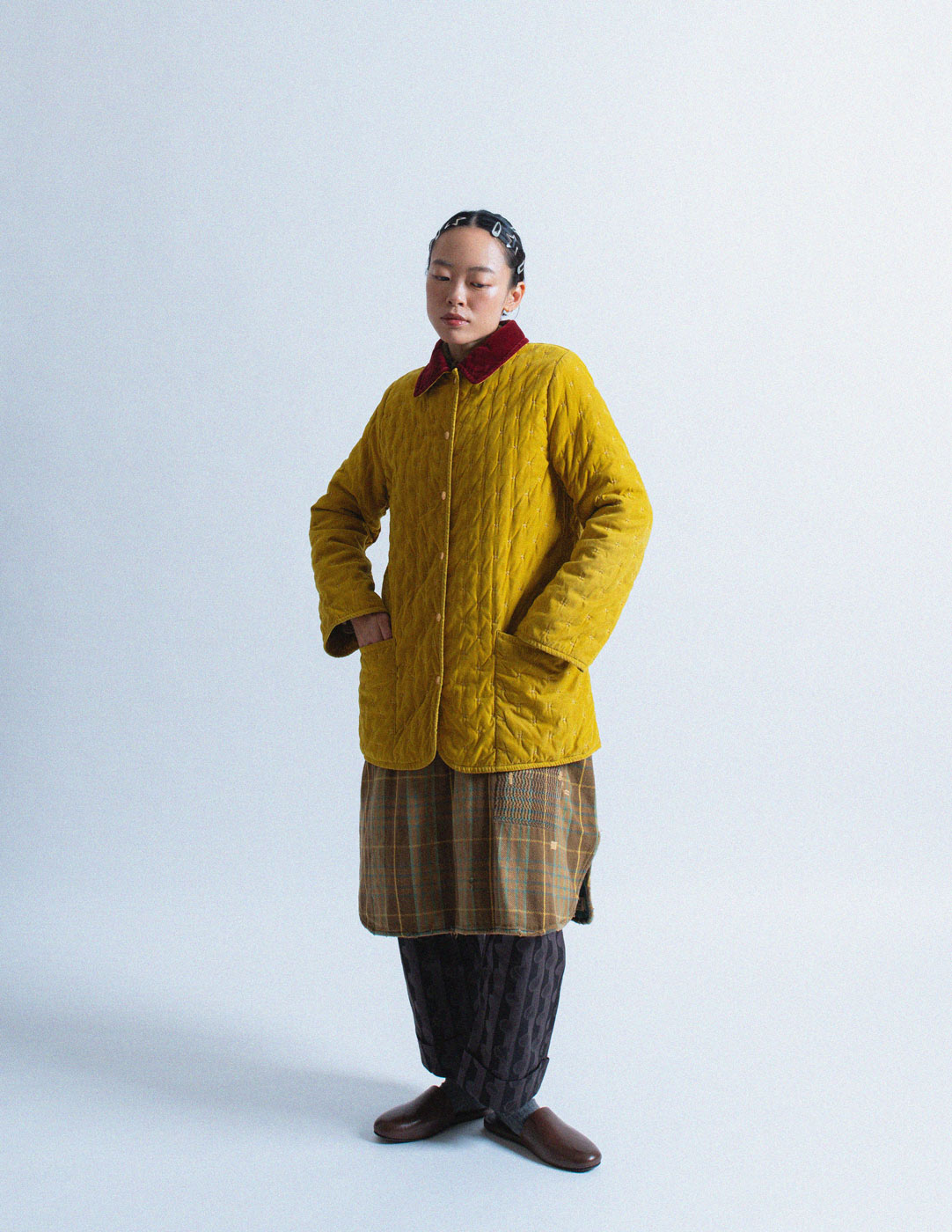 Hermès vintage yellow quilted coat with red velvet collar