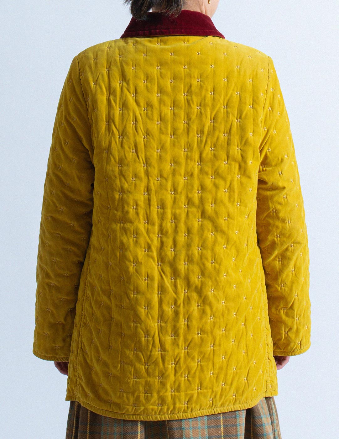 Hermès vintage yellow quilted coat with red velvet collar back detail