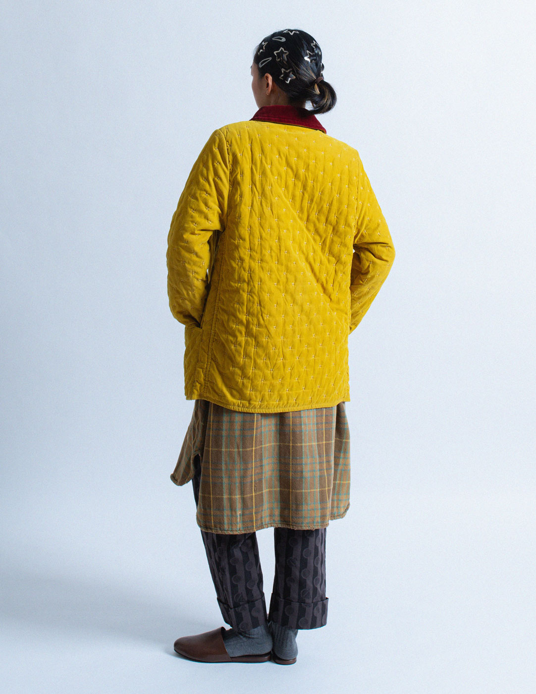 Hermès vintage yellow quilted coat with red velvet collar back view