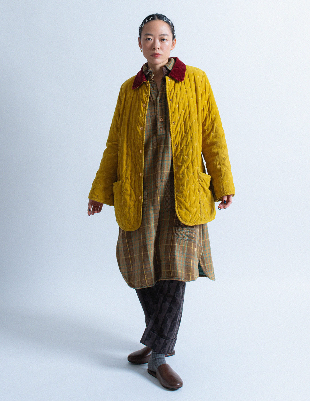 Hermès vintage yellow quilted coat with red velvet collar