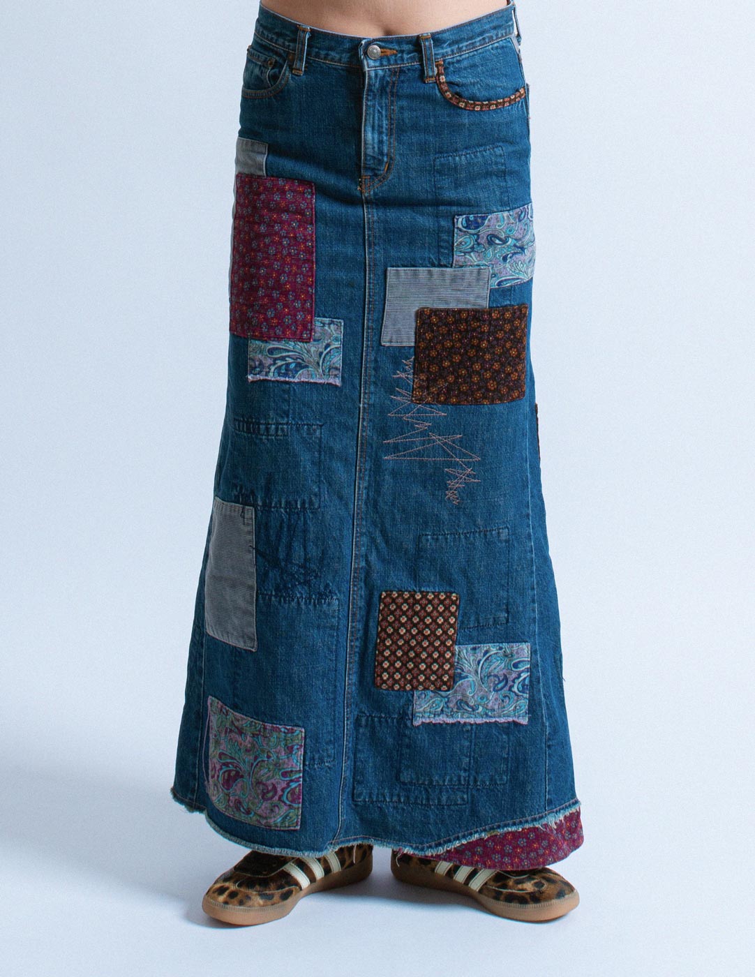 Hysteric Glamour patchwork denim maxi skirt front detail