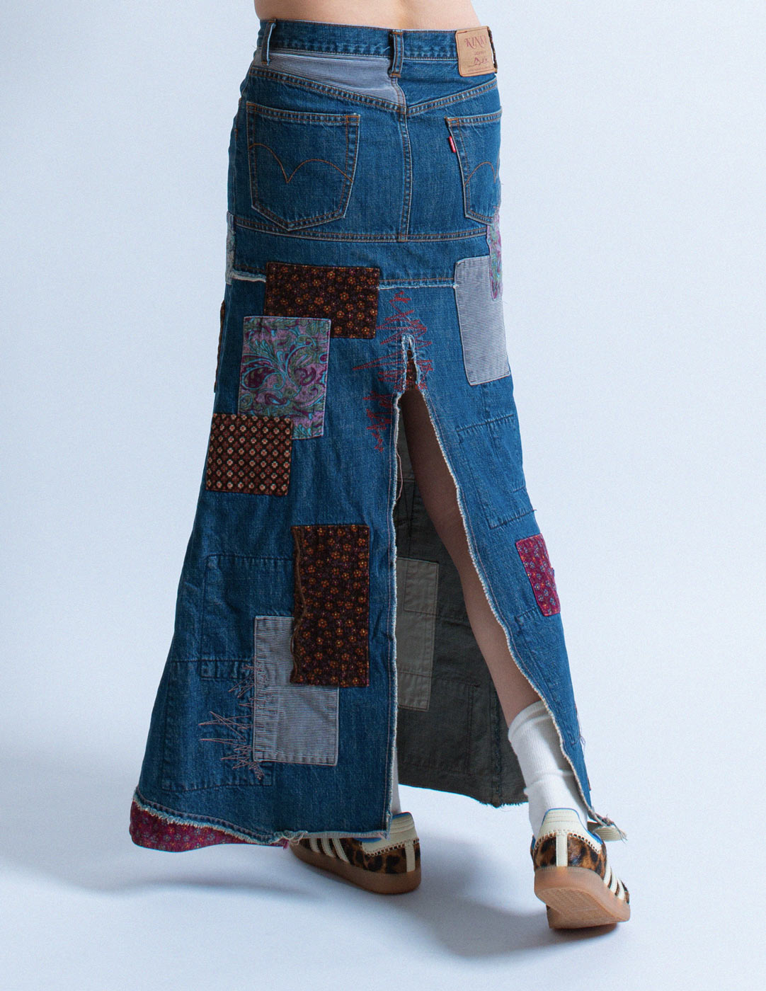 Hysteric Glamour patchwork denim maxi skirt back detail