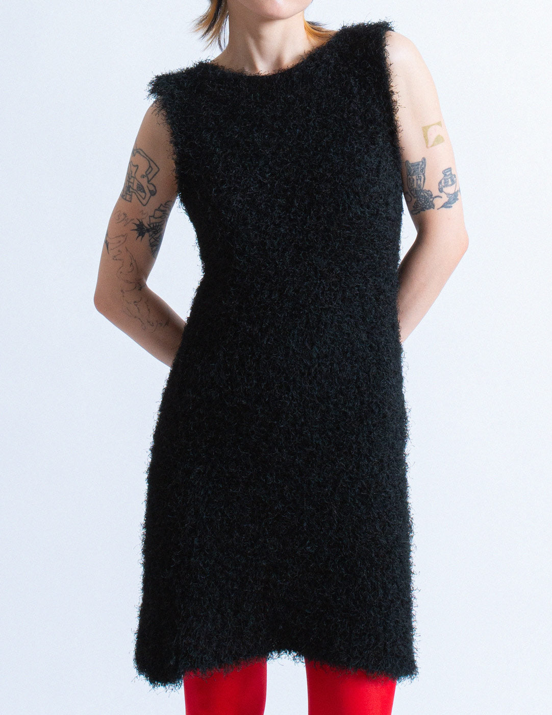 Issey Miyake black fuzzy dress front detail