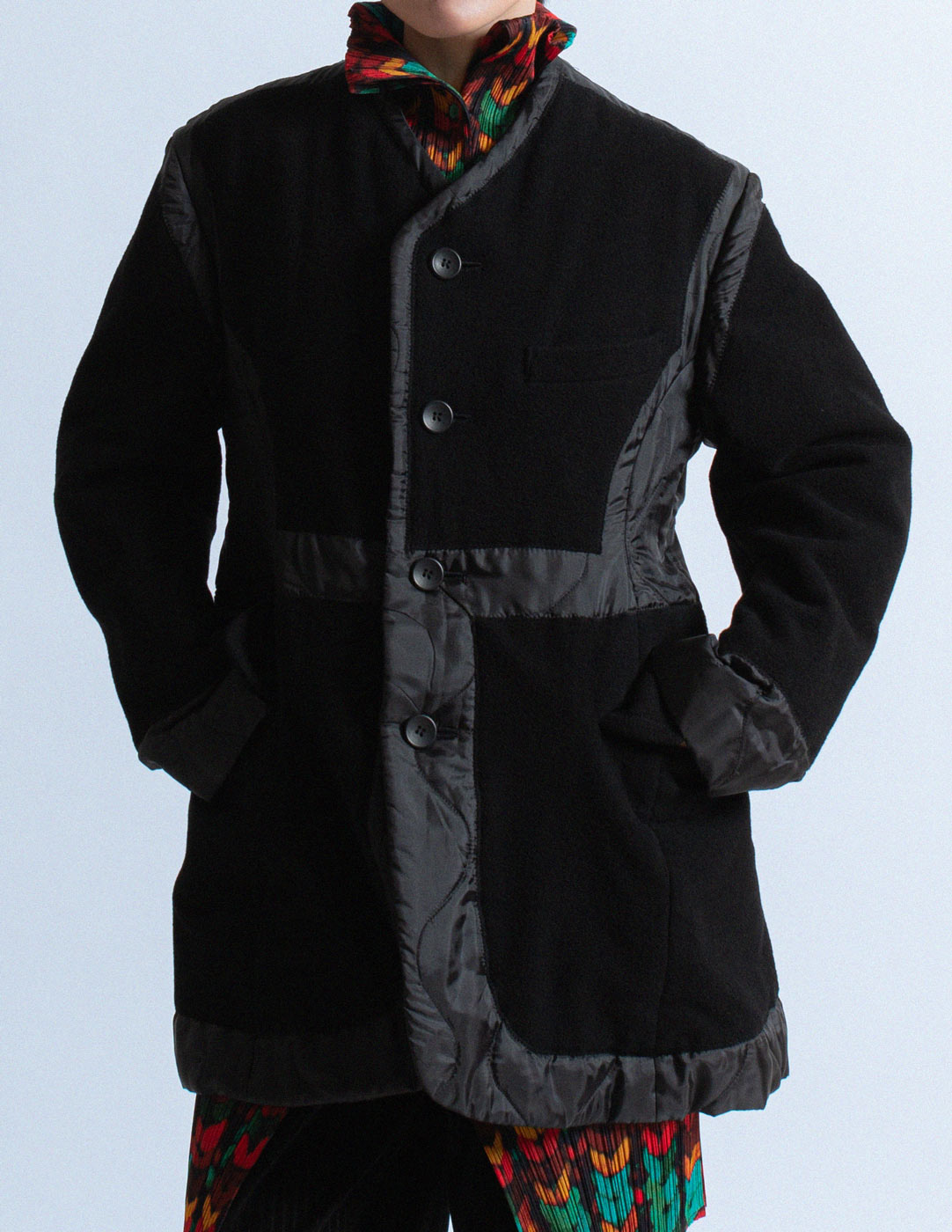 Issey Miyake black quilt and felt wool patched jacket front detail