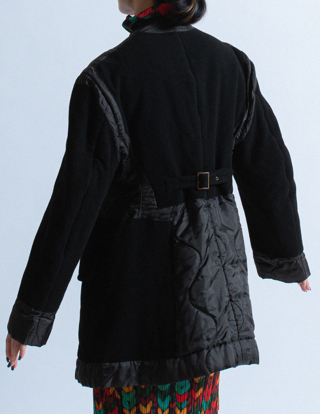 Issey Miyake black quilt and felt wool patched jacket back detail