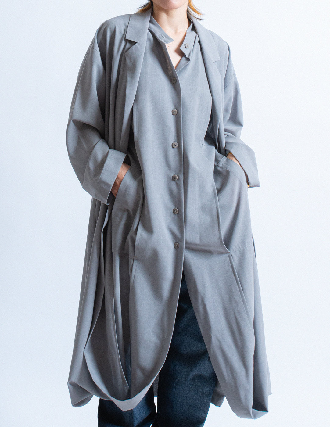 Issey Miyake double layered wool convertible dress jacket front detail