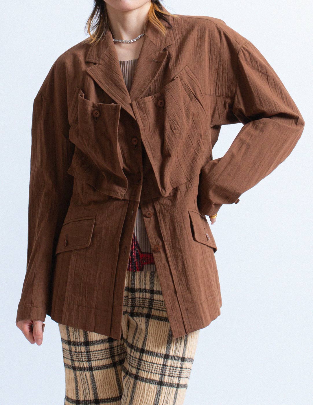 Issey Miyake brown cotton pocket blazer detail