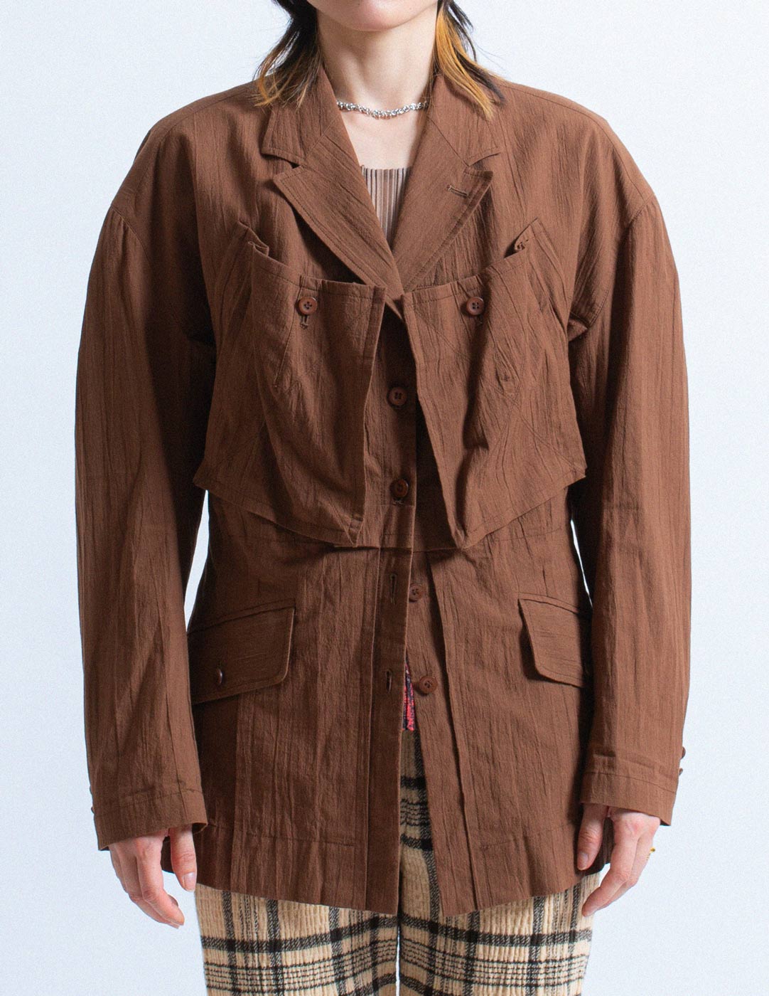 Issey Miyake brown cotton pocket blazer front detail