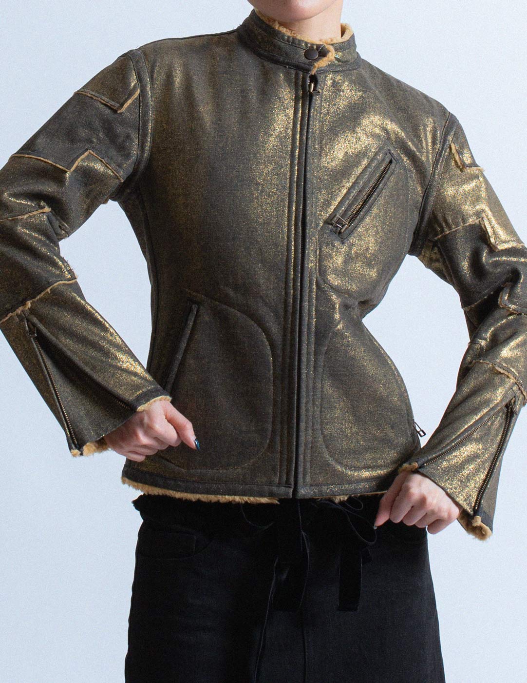 Issey Miyake metallic patchwork Moto jacket with acrylic shearling lining detail