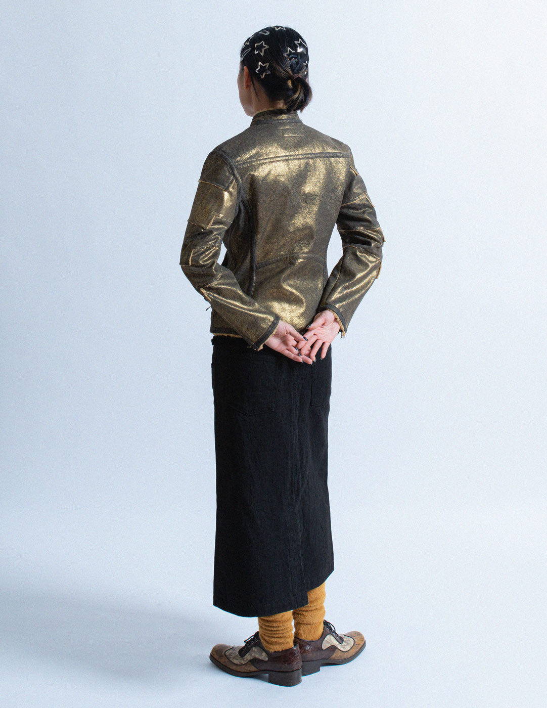 Issey Miyake metallic patchwork Moto jacket with acrylic shearling lining back view