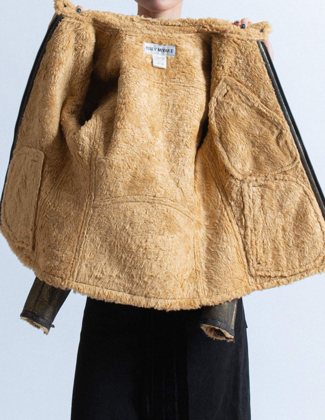 Issey Miyake metallic patchwork Moto jacket with acrylic shearling lining detail