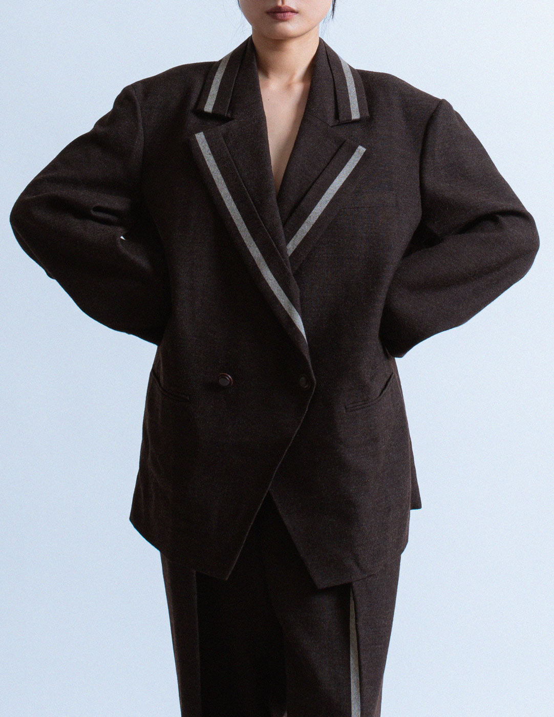 Issey Miyake vintage dark cacao wool suit front detail