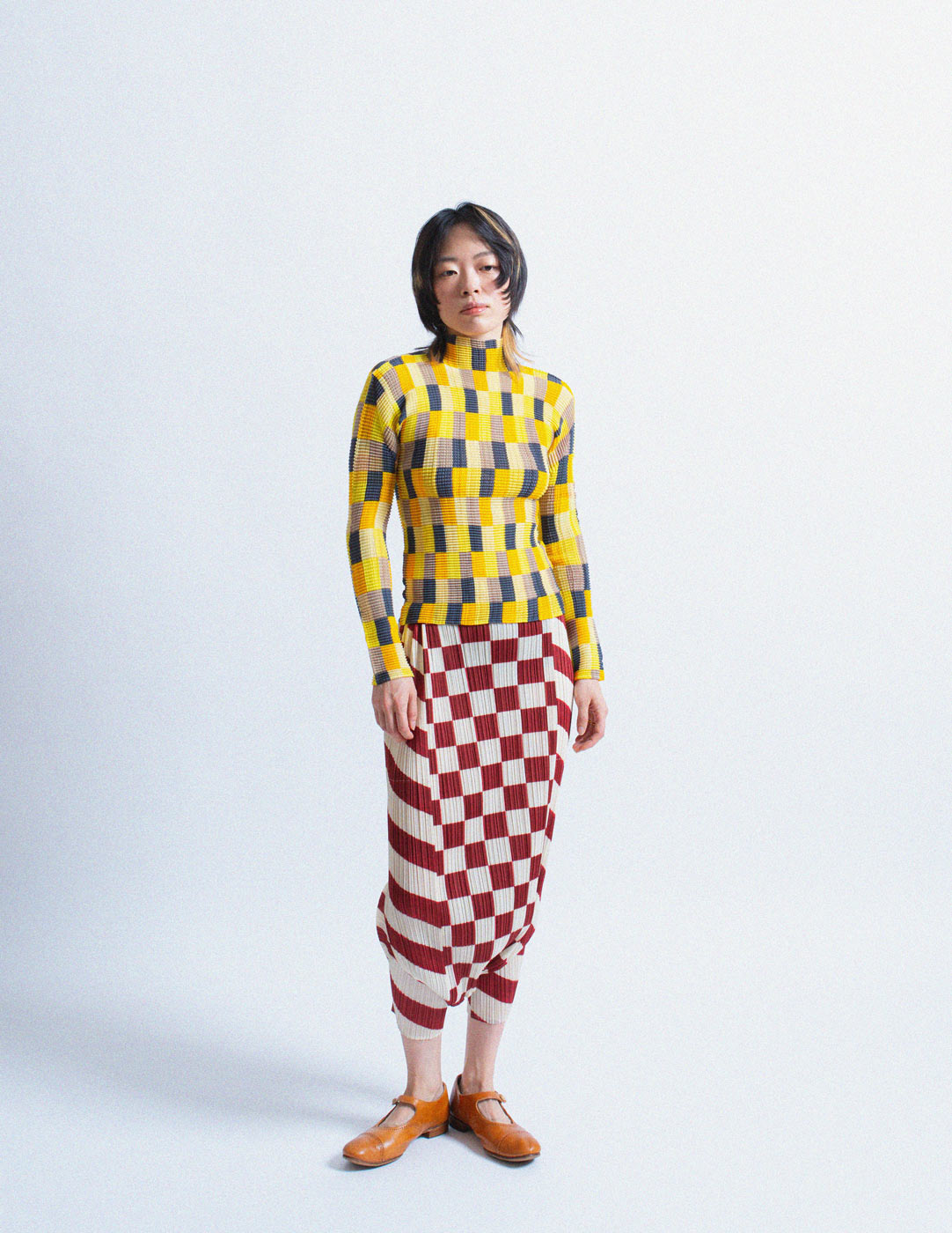 Issey Miyake vintage yellow square patterned waffle pleated long sleeves