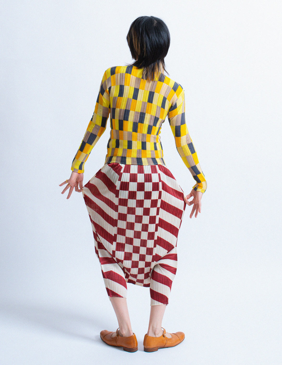 Pleats Please vintage red and white checkered harem back view