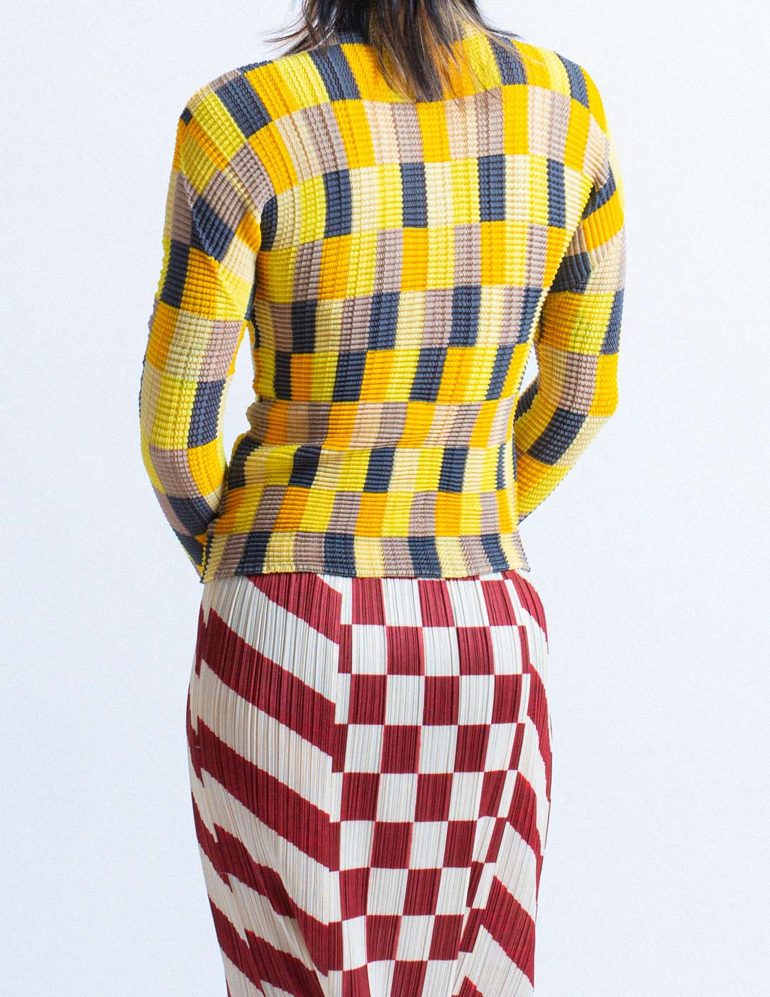Issey Miyake vintage yellow square patterned waffle pleated long sleeves back detail