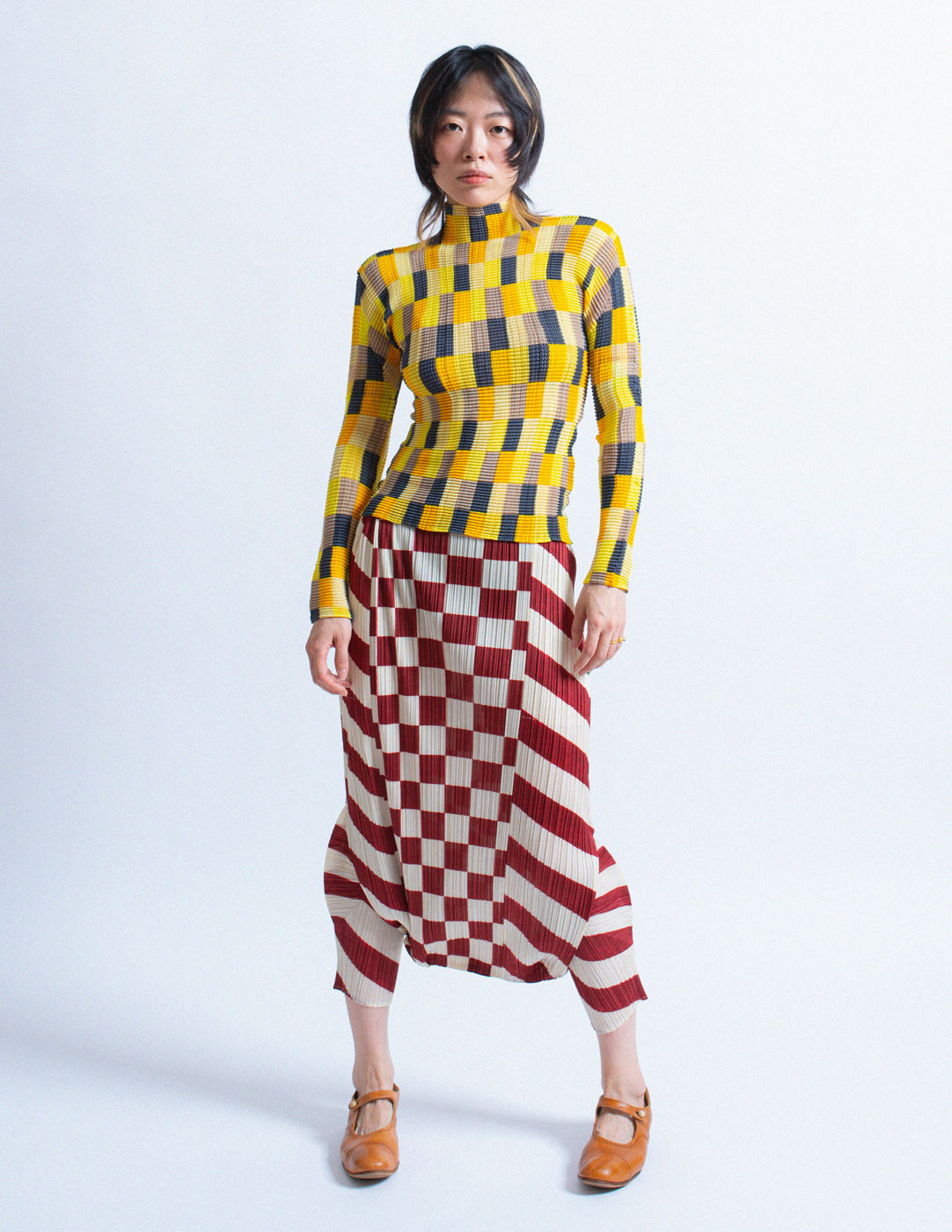 Issey Miyake vintage yellow square patterned waffle pleated long sleeves