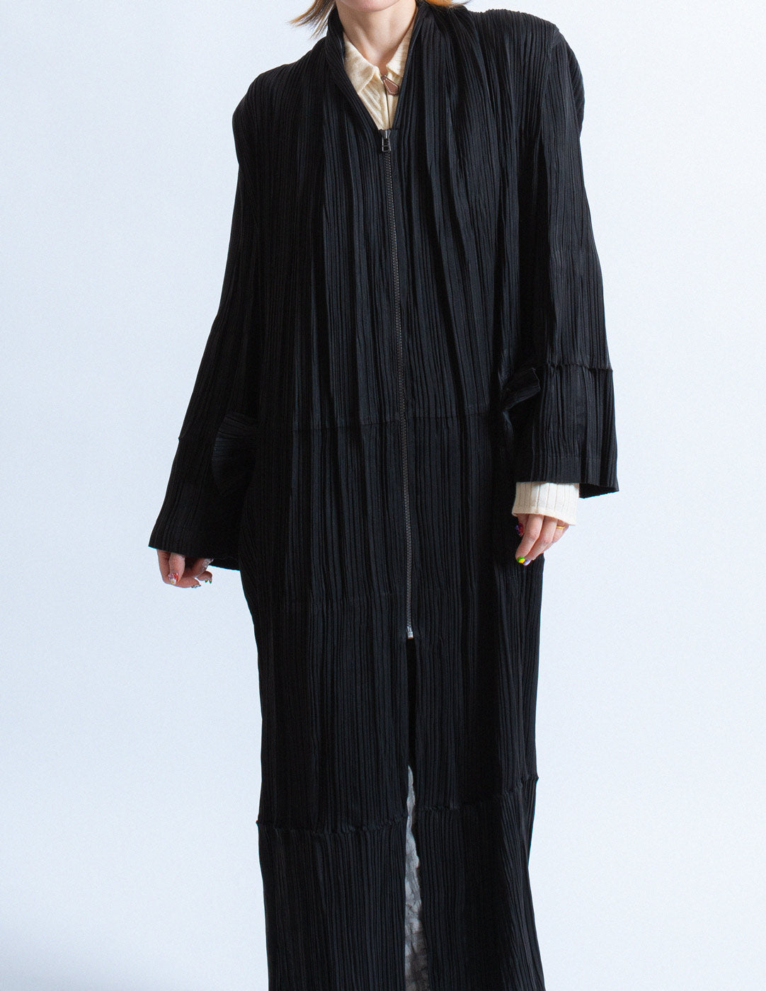 Issey Miyake vintage black oversized pleated coat front detail