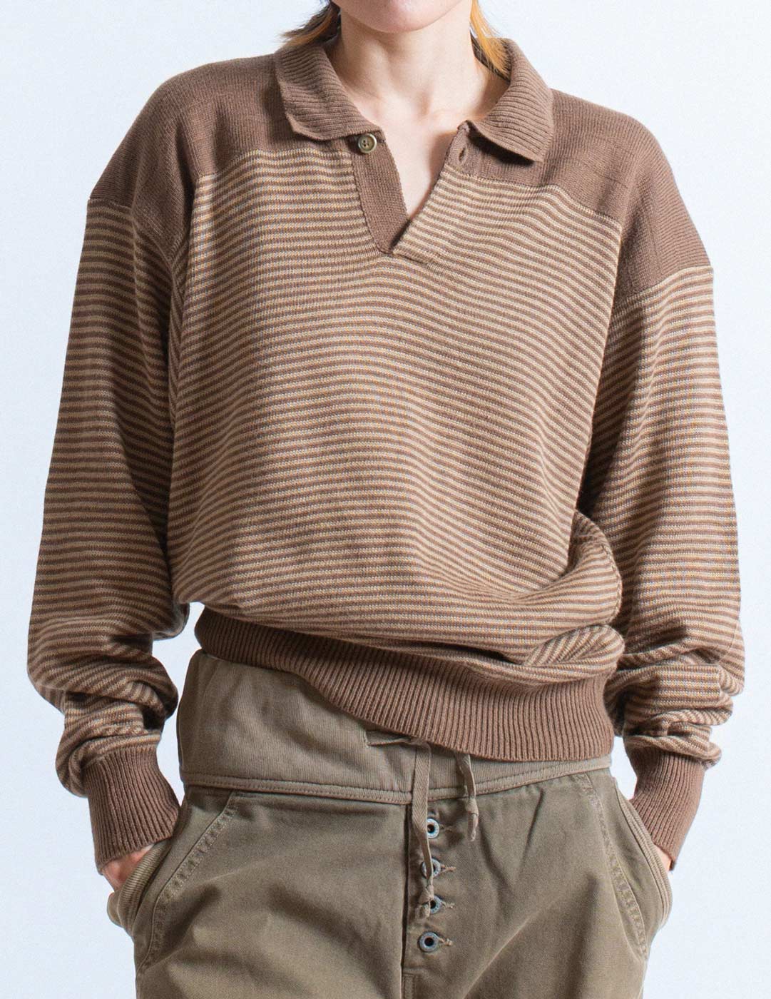 Issey Miyake vintage brown striped polo sweater front detail