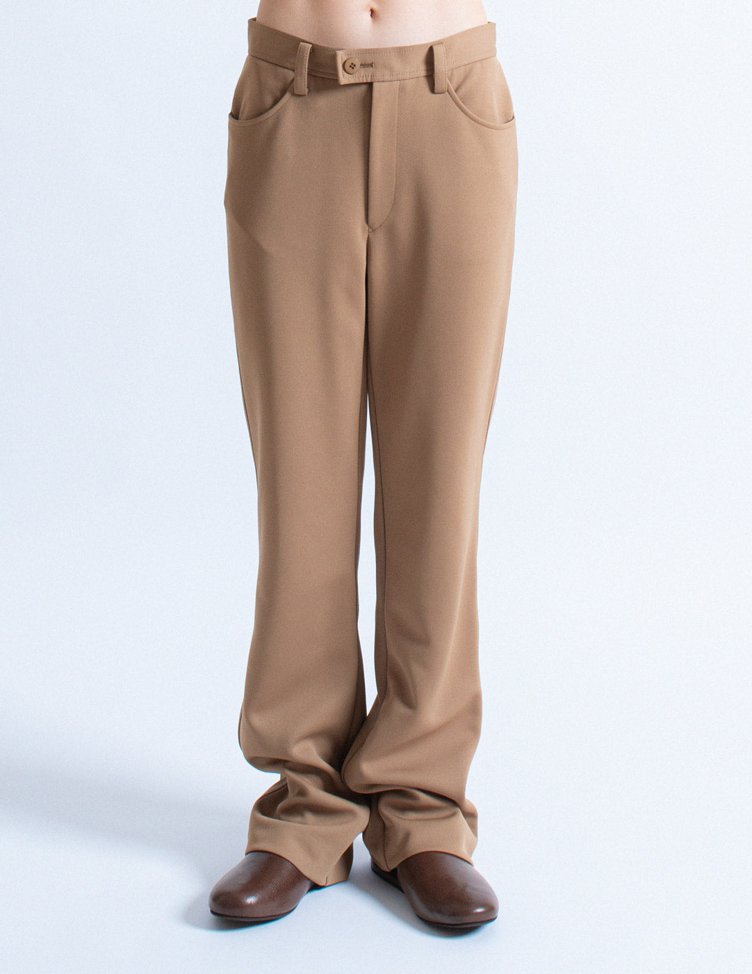 Issey Miyake camel tone long blazer and trousers set trousers detail