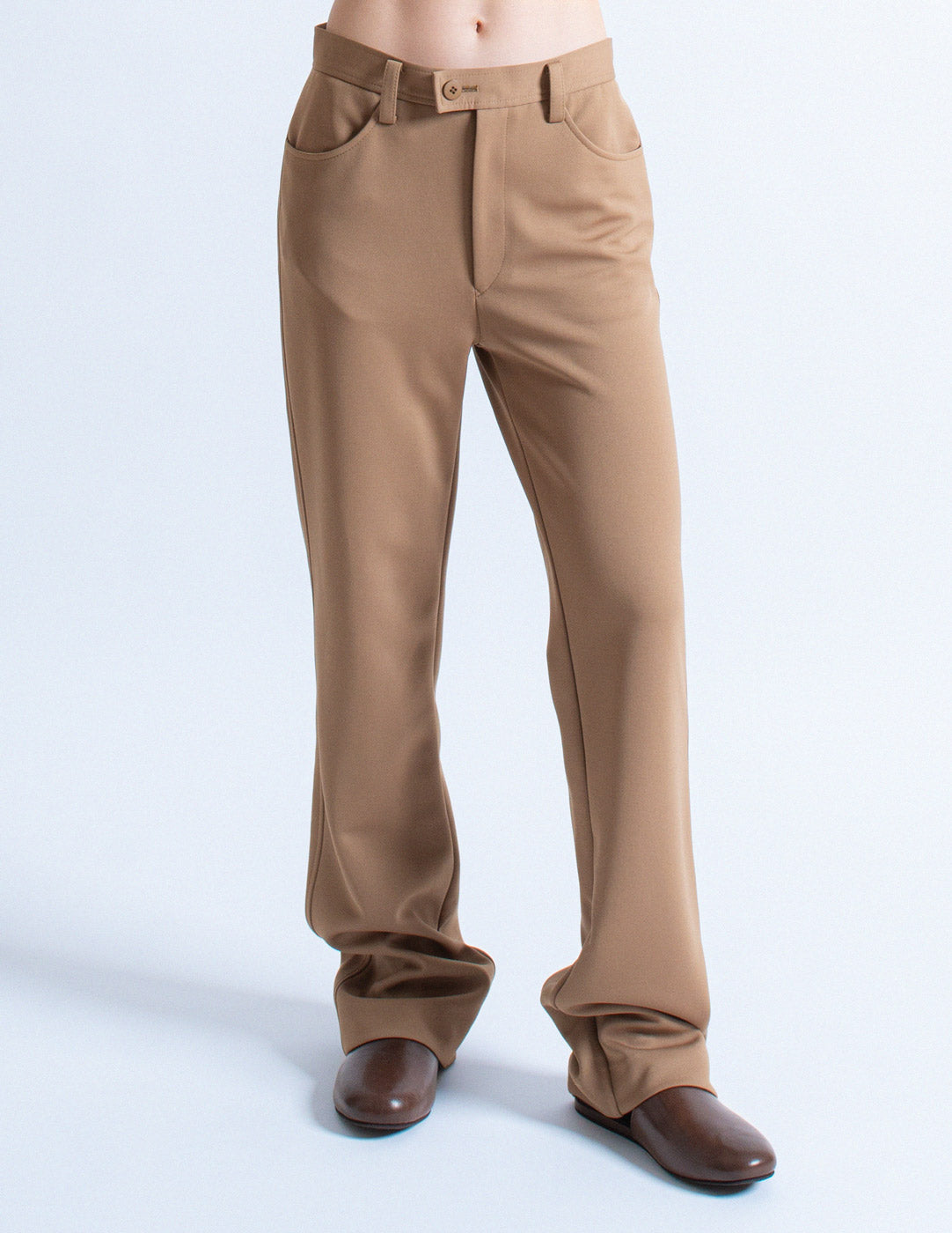 Issey Miyake camel tone long blazer and trousers set trousers detail