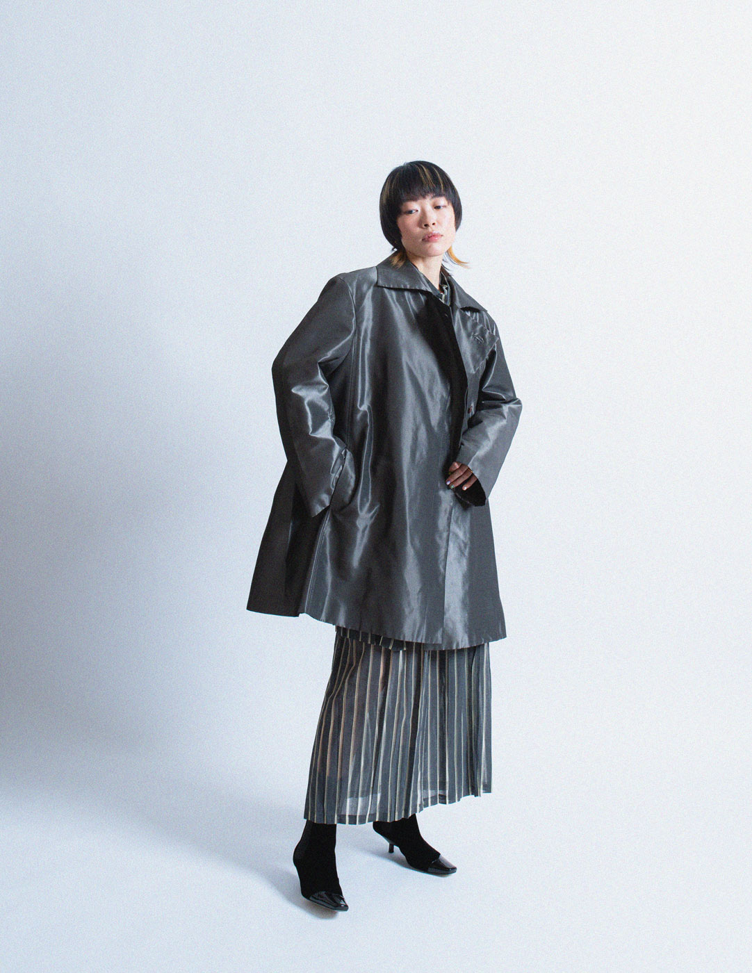 Issey Miyake iridescent slate swing coat