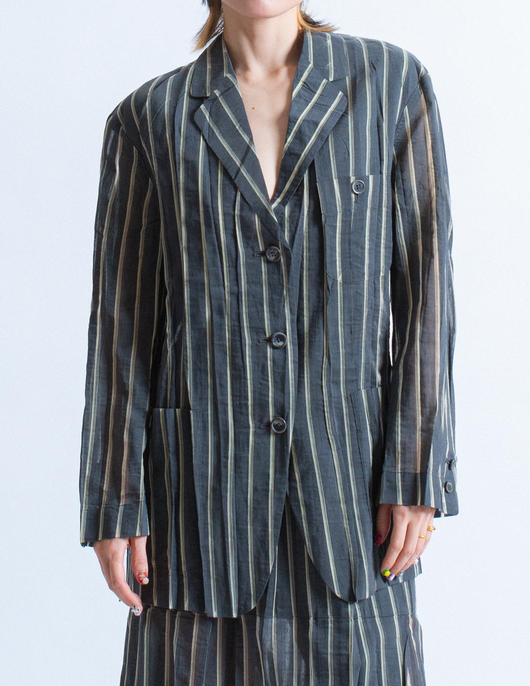 Issey Miyake vintage sheer striped wool blazer front detail