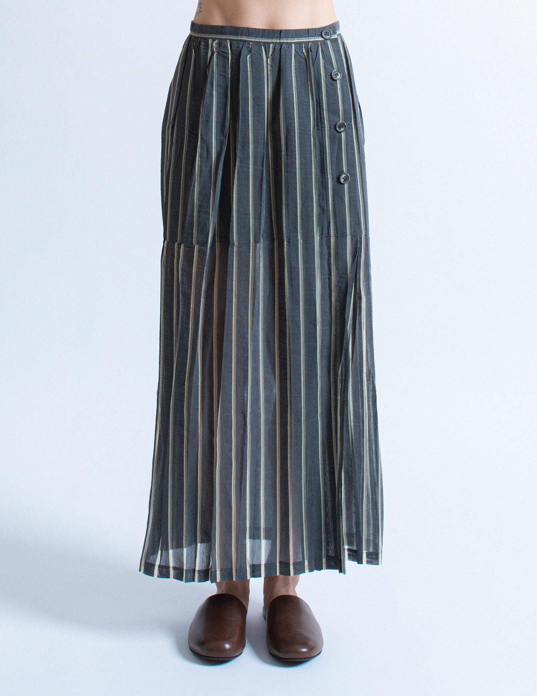 Issey Miyake vintage striped three-piece ensemble skirt detail
