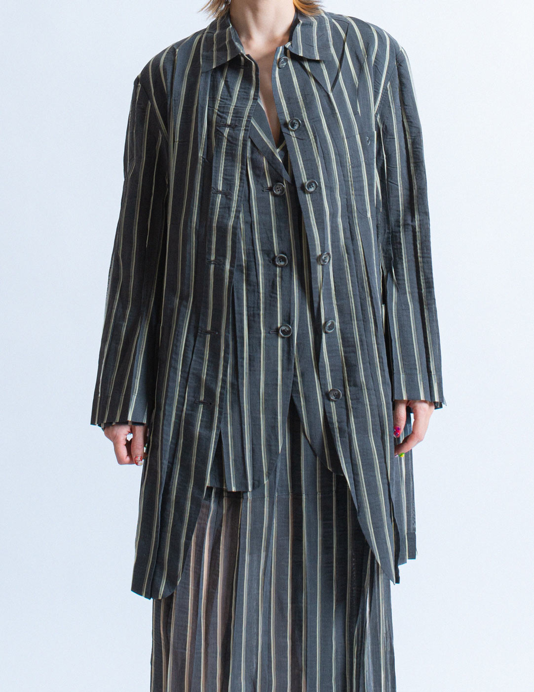 Issey Miyake vintage sheer striped shirt jacket front detail