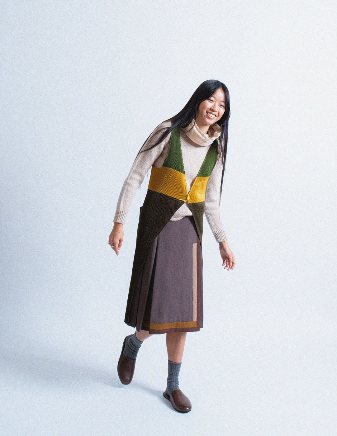 Issey Miyake tri-colored pleated apron dress
