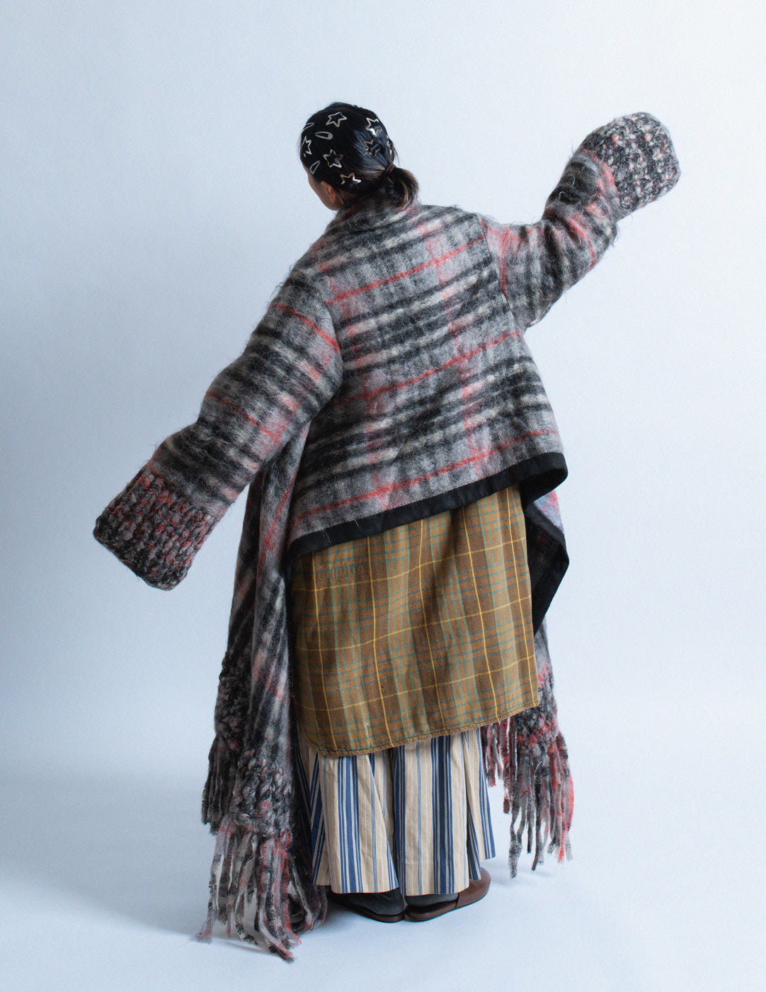 Jean Paul Gaultier vintage plaid mohair wool shawl coat back view