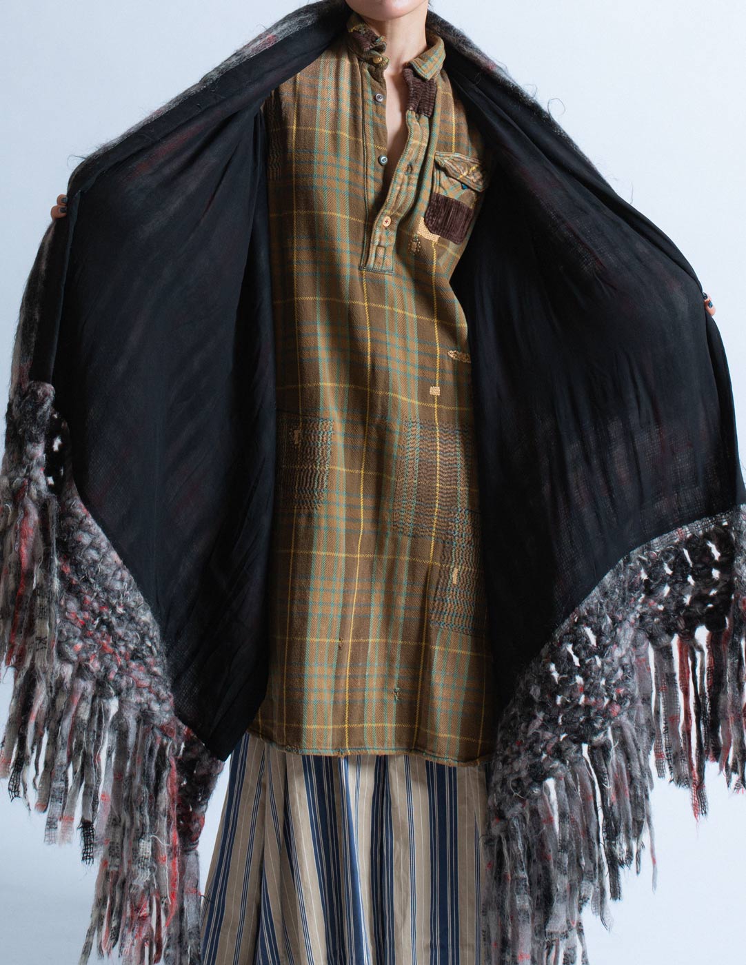 Jean Paul Gaultier vintage plaid mohair wool shawl coat interior detail