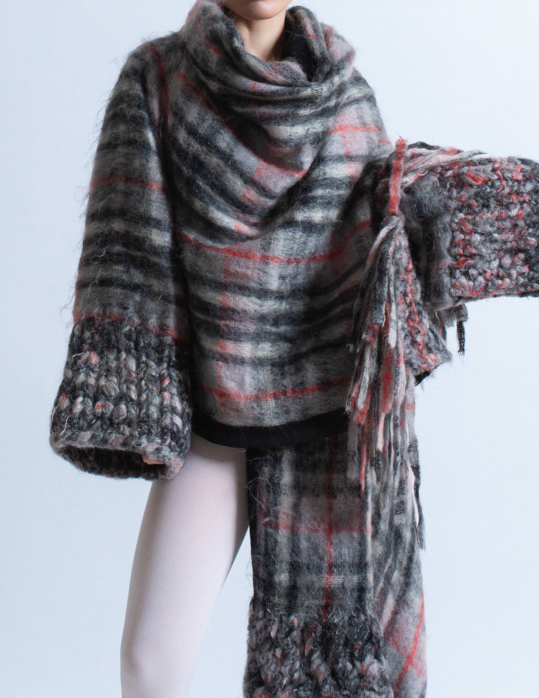 Jean Paul Gaultier vintage plaid mohair wool shawl coat detail