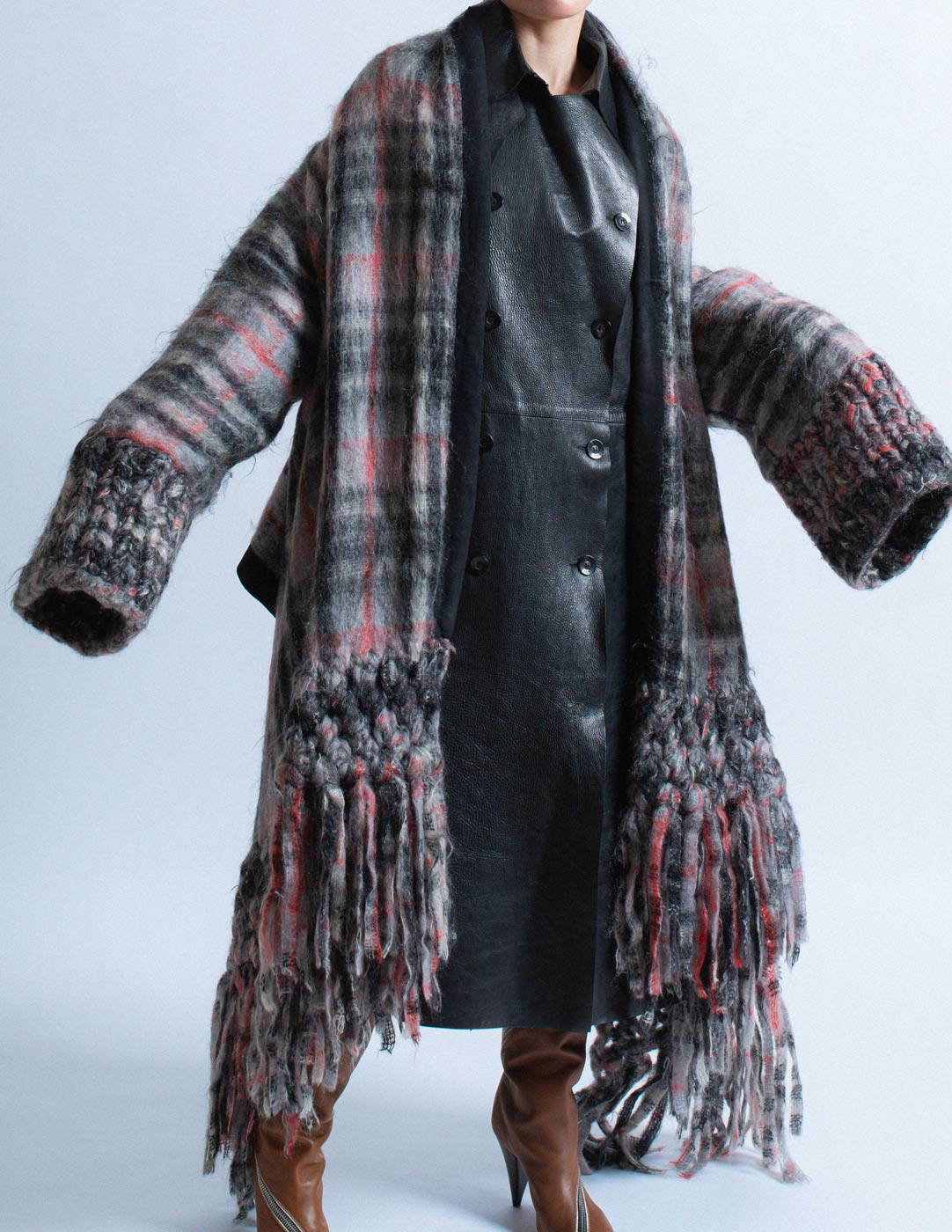 Jean Paul Gaultier vintage plaid mohair wool shawl coat detail