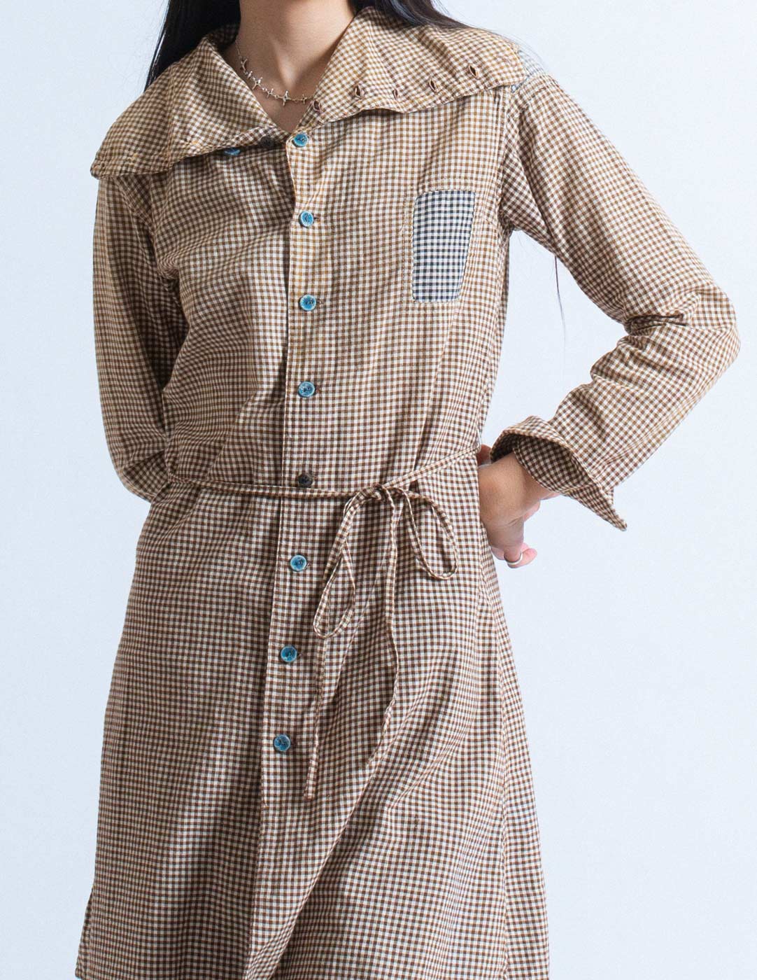 Kapital brown gingham shirt dress with patchwork detail