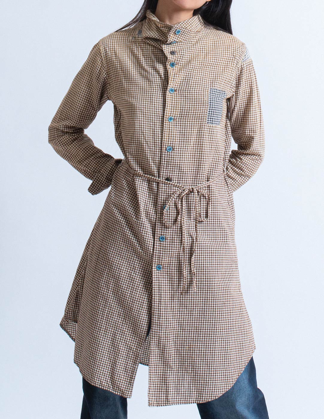 Kapital brown gingham shirt dress with patchwork front detail